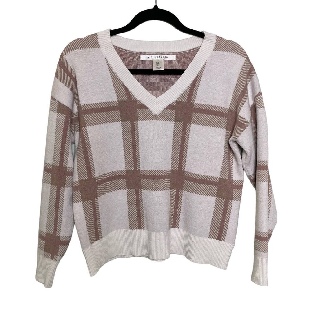 Max Studio V-Neck Sweater Long Sleeve Ribbed Hem Plaid Pullover Brown White L